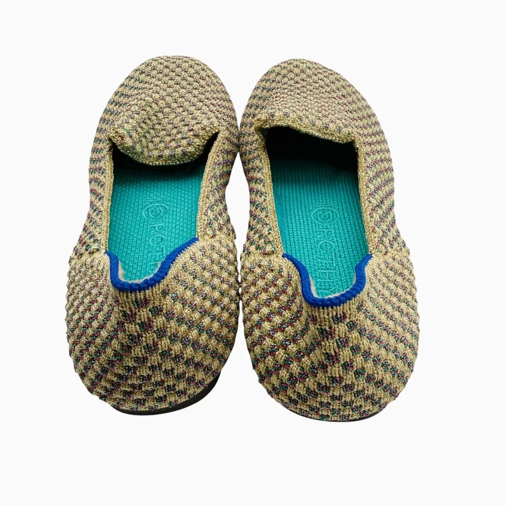 Rothys Kids Loafers Multi Color Metallic‎ Knit Gold Pink Teal Size K11 Flats